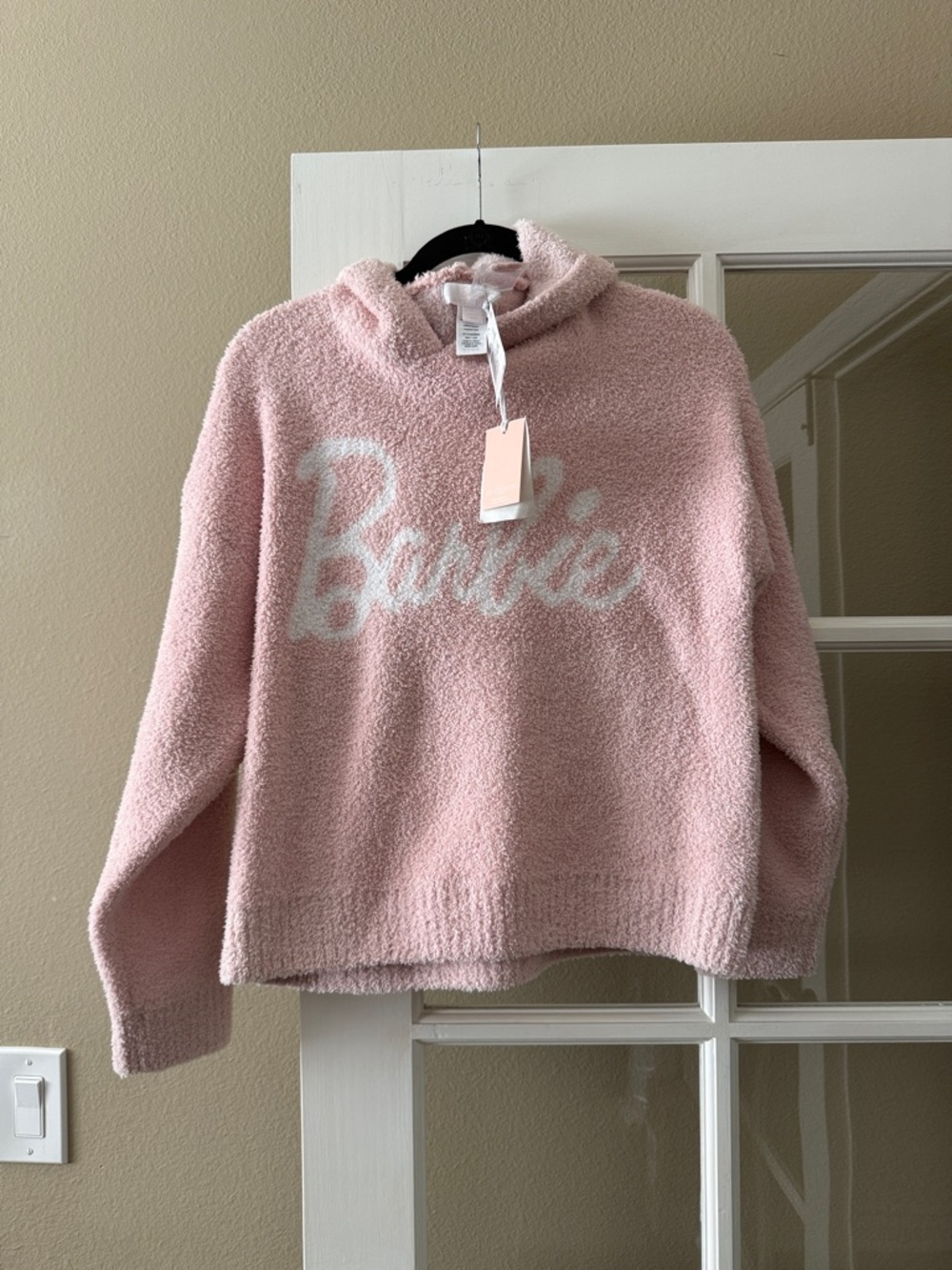 Barbie Plush Hoodie in Pale Pink with White Logo